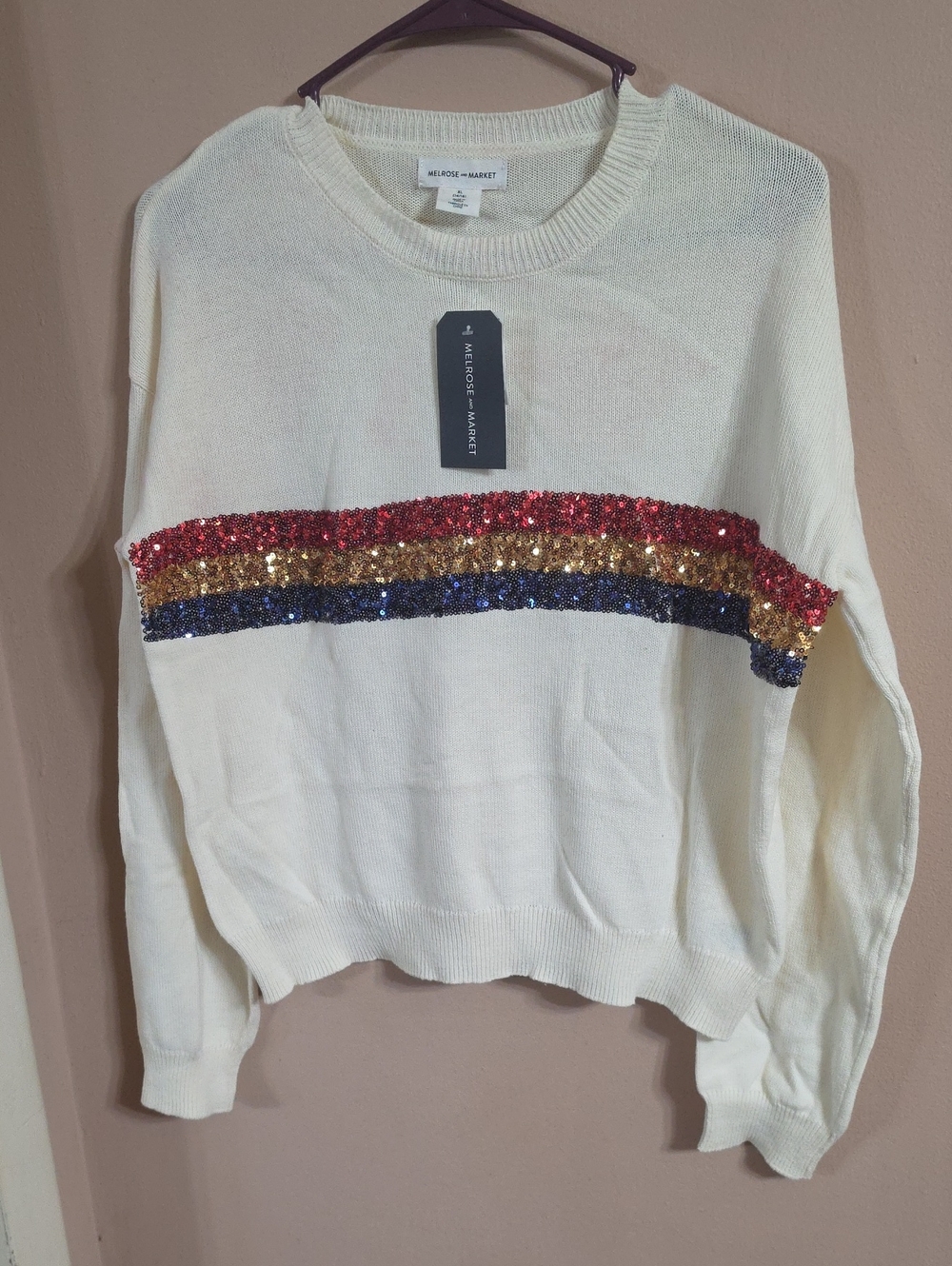 Melrose and Market Cream Sweater with Red, Gold & Navy Sequin Stripes